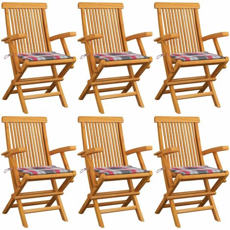 Bonnevie - Lot de 6 Chaises/Fauteuils de jardin,Chairs d'extérieur de jardin et coussins à carreaux rouge Teck massif -TF57706 (1/5)