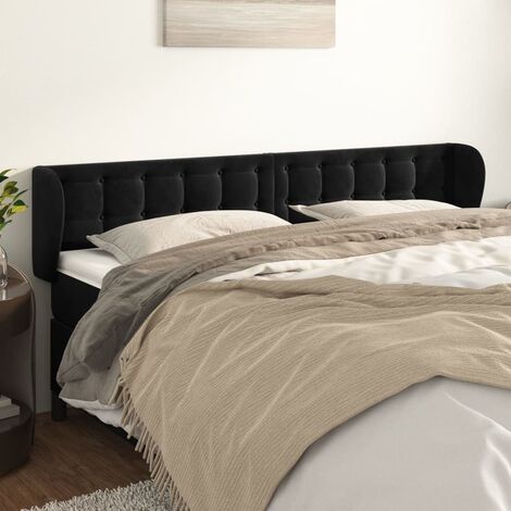 Tête de lit avec oreilles pour lit double, Tableau décoratif de chevet élégante Noir 203x23x78/88 cm Velours SDG27734 (1/5)