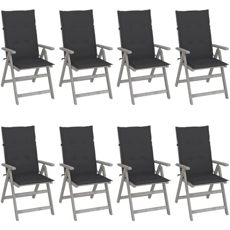 8 pcs Chaises inclinables avec coussins, Chaises à dîner, Fauteuils de jardin Gris Acacia BGT30179 (1/5)