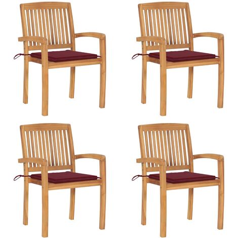 4 pcs Chaises de jardin empilables avec coussins, Fauteuils Extérieur, Sièges confortable Teck solide BGT98361 (1/5)