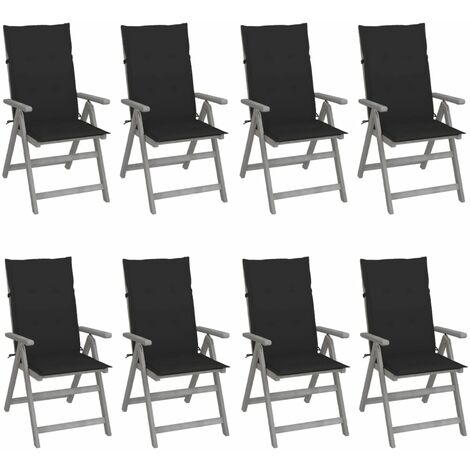 8 pcs Chaises inclinables avec coussins, Chaises à dîner, Fauteuils de jardin Gris Acacia BGT86418 (1/5)