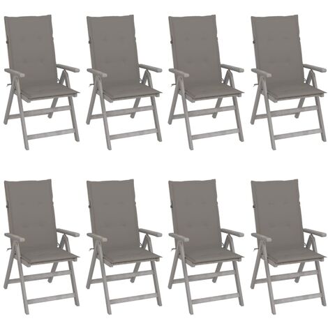 8 pcs Chaises inclinables avec coussins, Chaises à dîner, Fauteuils de jardin Gris Acacia BGT91405 (1/5)