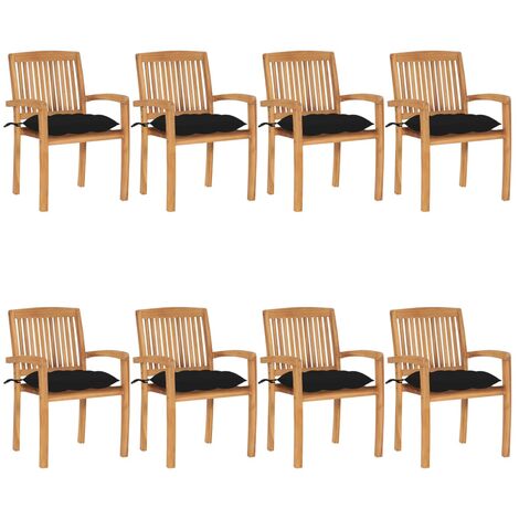 8 pcs Chaises de jardin empilables avec coussins, Fauteuils Extérieur, Sièges confortable Teck solide BGT42152 (1/5)