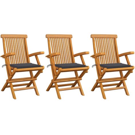 3 pcs Chaises de jardin avec coussins, Fauteuils Extérieur, Sièges confortable anthracites Bois de teck BGT51167 (1/5)