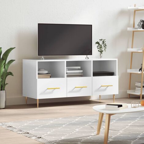Meuble TV,Banc TV Blanc brillant 102x36x50 cm Bois d'ingénierie -BV74181 (1/5)