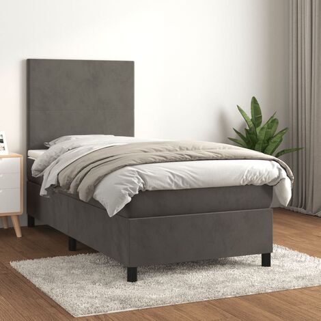 Ensemble Lit Adulte avec Sommier et Matelas confortable,Lit à sommier tapissier et matelas Gris foncé 90x190 cm Velours -BVN24011 (1/5)
