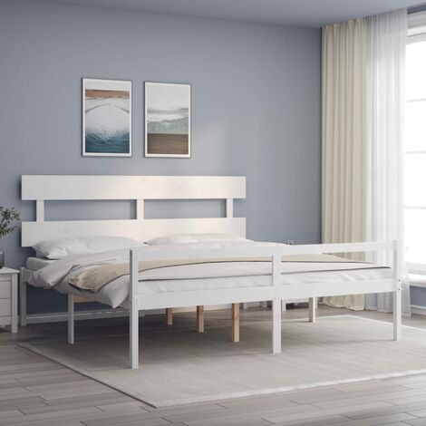 Lit adulte avec tête de lit - Cadre de lit - Lit simple blanc 200x200 cm bois massif -76716 (1/5)