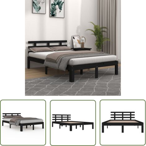 The Living Store Cadre de lit sans matelas noir bois massif 200x200 cm - Cadre De Lit - Lit Double - Bois Massif - Lit Design - Literie (1/5)