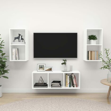 Ensemble de 3 meuble TV - Armoire Télévision Moderne Banc TV Blanc Aggloméré -FR46589 (1/5)