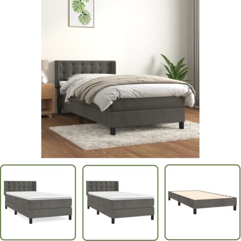 The Living Store Sommier à lattes de lit et matelas Gris foncé 90x200 cm Velours - Lit Plateforme - Lit Double - Lit Capitonné - Literie - Chambre À Coucher (1/5)