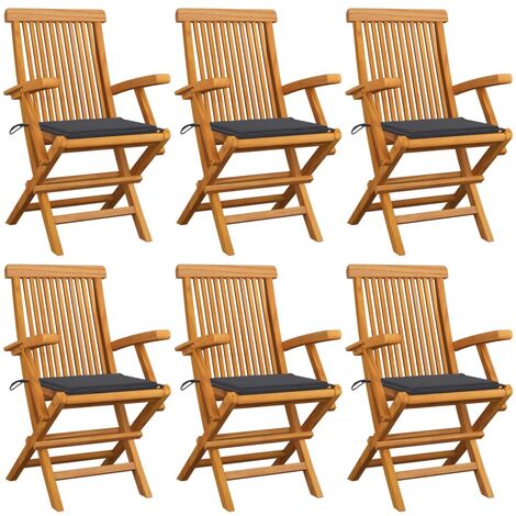 6 pcs Chaises de jardin avec coussins, Fauteuils Extérieur, Sièges confortable anthracites Bois de teck BGT62503 (1/5)