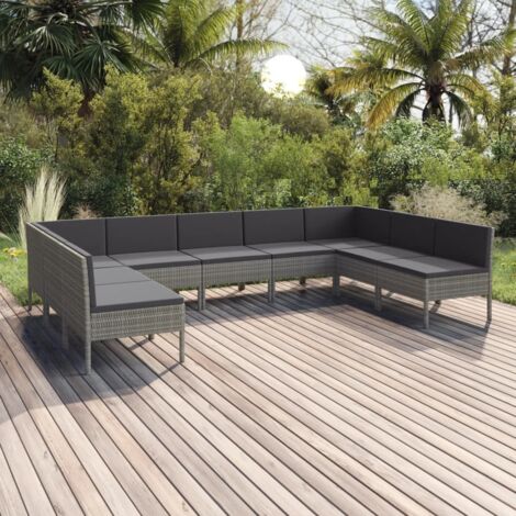 9 pcs Salon de jardin, Ensemble table et chaises de jardin, Meuble de jardin avec coussins Résine tressée Gris MKW569206 (1/5)