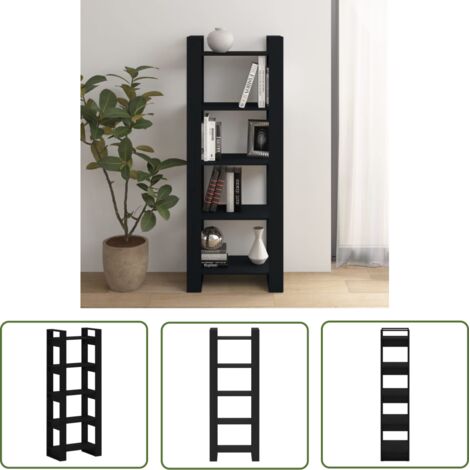 The Living Store Bibliothèque/Séparateur de pièce Noir 60x35x160 cm Bois massif - Bibliothèque - Bibliothèque En Bois - Meuble De Rangement - Séparateur De Pièces - Étagère (1/5)