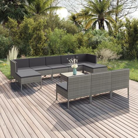 11 pcs Salon de jardin, Ensemble table et chaises de jardin, Meuble de jardin avec coussins Résine tressée Gris MKW135594 (1/5)