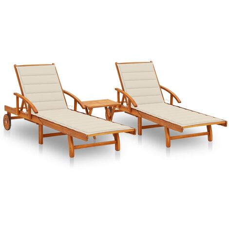 2 pcs Chaises longues avec table et coussins, Transats, Bain de soleil, Chaises de jardin Acacia solide ZSE3467 (1/5)
