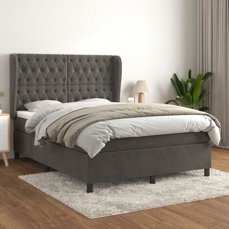 Ensemble Lit Adulte avec Sommier et Matelas confortable,Lit à sommier tapissier et matelas Gris foncé 140x190cm Velours -BVN31259 (1/5)