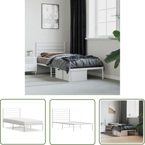 The Living Store Cadre de lit métal sans matelas et tête de lit blanc 107x203 cm - Cadre De Lit - Lit Simple - Lit Metal - Lit Blanc - Meuble Chambre (1/5)