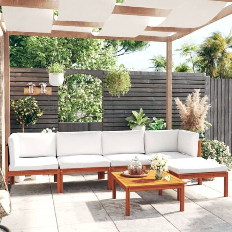 6 pcs Salon de jardin, Ensemble table et chaises de jardin, Meuble de jardin avec coussins Crème Bois d'acacia solide MKW300484 (1/5)