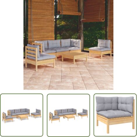 The Living Store Salon de jardin 6 pcs avec coussins gris Bois de pin massif - Salon De Jardin - Mobilier De Jardin - Ensemble Salon De Patio - Meubles De Terrasse - Set Salon Exterieur (1/5)