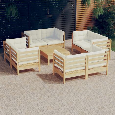 Salon de jardin 9 pcs,Mobilier de terrasse,Table et Chaise pour Relax avec coussins crème Bois de pin -YZ949395 (1/5)