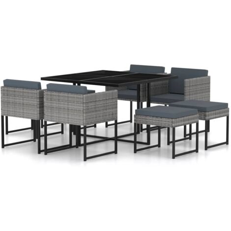 Salon de jardin 9 pcs avec coussins Résine tressée Gris 36 (1/5)