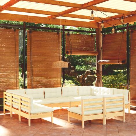 Salon de jardin 11 pcs,Mobilier de terrasse,Table et Chaise pour Relax avec coussins crème Bois de pin massif -YZ834077 (1/5)