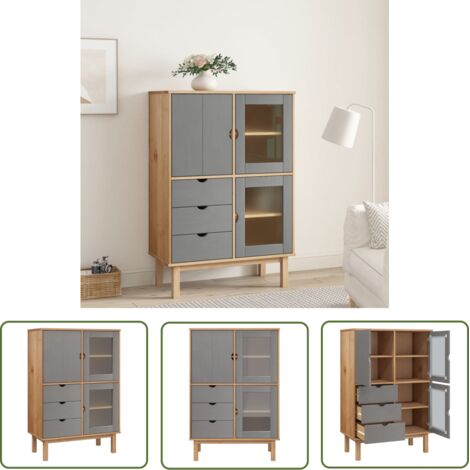 The Living Store Buffet haut OTTA marron et gris 85x43x125 cm bois massif de pin - Buffet - Armoire - Meuble De Rangement - Mobilier - Bois Massif (1/5)