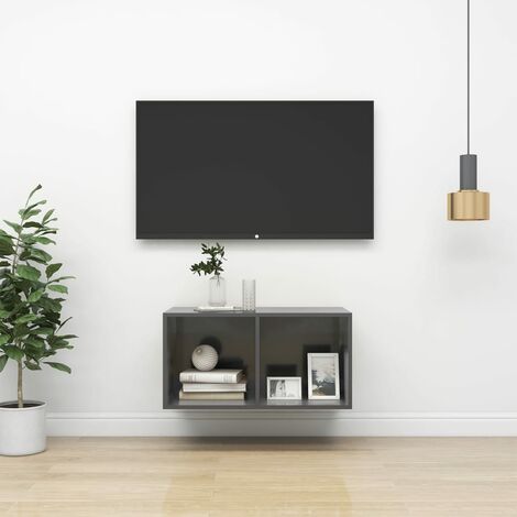 Meuble TV de Salon Armoire Télévision Banc TV mural Gris brillant 37x37x72 cm Aggloméré -FR58041 (1/5)