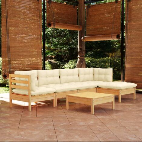 Salon de jardin 6 pcs,Mobilier de terrasse,Table et Chaise pour Relax avec coussins crème Bois de pin -YZ919749 (1/5)