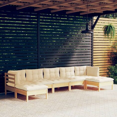 Salon de jardin 7 pcs,Mobilier de terrasse,Table et Chaise pour Relax avec coussins crème Bois de pin -YZ505093 (1/5)