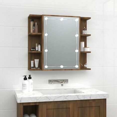 Armoire à miroir avec LED, Armoire de Salle de Bain, Armoire de Rangement Murale Chêne marron 70x16,5x60 cm HYB76616 (1/5)