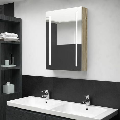 Armoire murale à miroir de salle de bain Armoire Toilette Moderne avec miroir LED Chêne 50x13x70 cm -37751 (1/5)
