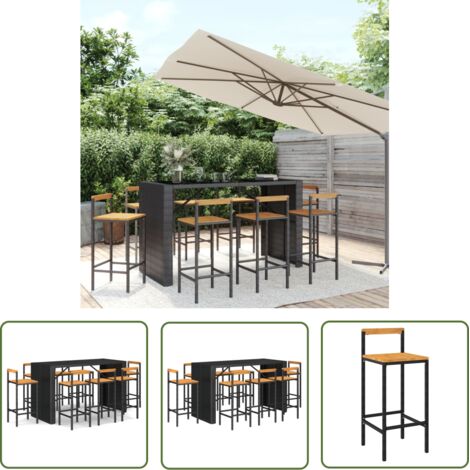 9 pcs Ensemble de bar de jardin avec coussins, Salon de jardin, Tabourets et Table noir poly rotin/bois massif acacia MKW966209 (1/5)