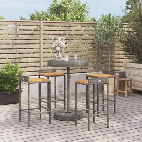 5 pcs Ensemble de bar de jardin avec coussins, Salon de jardin, Tabourets et Table gris poly rotin/bois massif acacia MKW707641 (1/5)