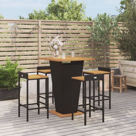 Set 1 Table de bar + 4 chaises de bar/Tabourets,Ensemble de bar jardin noir poly rotin/bois massif acacia -BV82099 (1/5)