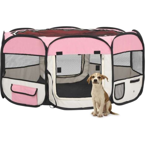 Parc pliable pour chien avec sac de transport, Parc pour Animaux de Compagnie, Tente Maison pour Chiens Rose 145x145x61cm MAE6026 (1/5)
