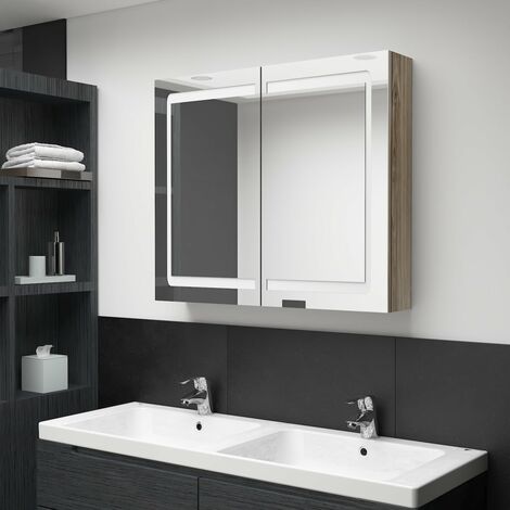 Armoire murale à miroir de salle de bain Armoire Toilette Moderne avec miroir LED Chêne 80x12x68 cm -26818 (1/5)