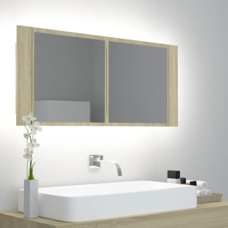 Armoire murale de salle de bain à miroir à LED Contemporain - Placard de Rangement - de bain Chêne sonoma 100x12x45 cm Chic-786906 (1/5)