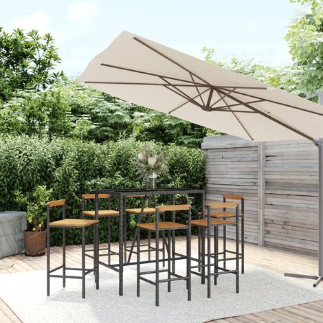 Set 1 Table de bar + 6 chaises de bar/Tabourets,Ensemble de bar jardin noir poly rotin/bois massif acacia -BV92712 (1/5)