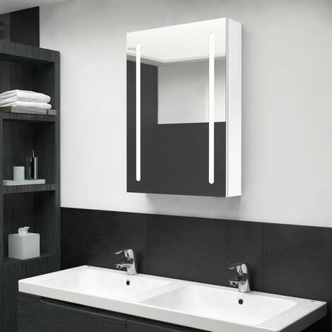 Armoire murale à miroir de salle de bain Armoire Toilette Moderne avec miroir LED Blanc brillant 50x13x70cm -83111 (1/5)