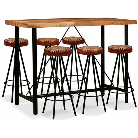 Ensemble Table + 6 Tabourets de bar Table haute et bar Bois d'acacia Cuir véritable et toile 14132 (1/5)
