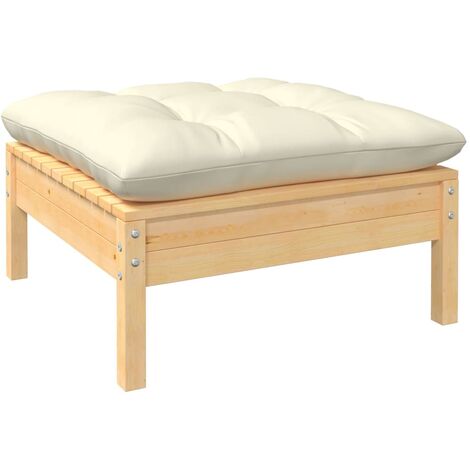 Repose-pied de jardin, Tabouret Pouf, Tabouret Bas avec coussin crème Bois de pin massif LKF30596