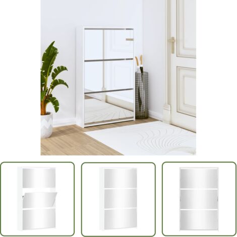 The Living Store Armoire chaussures miroir 3niveaux Blanc brillant 63x17x102,5cm - Meuble Chaussure - Armoire À Chaussures - Rangements Chaussures - Étagère Chaussures - Rangement Entrée (1/5)