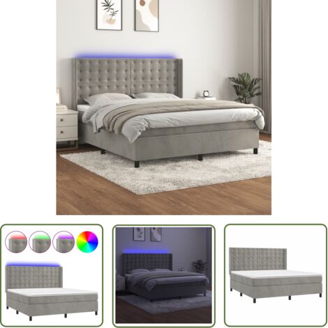 The Living Store Sommier à lattes de lit matelas et LED Gris clair 160x200 cm - Lit Plateforme - Lit Capitonné - Lit Design - Lit Velours - Lit Avec Éclairage Led (1/5)