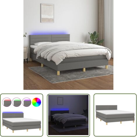 The Living Store Sommier à lattes de lit et matelas et LED Gris foncé 140x200 cm - Sommier Tapissier - Lit Plateforme - Lit Avec Led - Matelas À Ressorts Ensachés - Têted Lit Ajustable (1/5)