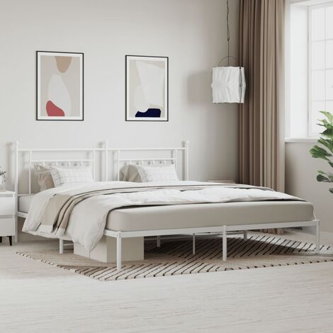 Lit double-200 x 200 cm, Cadre de lit, Lit adulte, Structure de lit métal avec tête de lit blanc 200x200 cm PDKEI46710 (1/5)