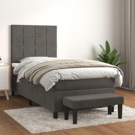 Lit adulte Durable,Lit à sommier Tapissier + Matelas Gris foncé 90x200 cm Velours -43131 (1/5)