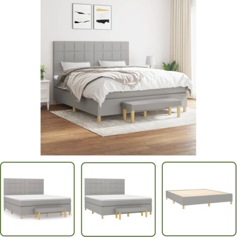 The Living Store Sommier à lattes de lit avec matelas Gris clair 180x200cm Tissu - Lit Plateforme - Lit Double - Matelas Ressorts Ensachés - Têtière Ajustable - Banc Rangement (1/5)