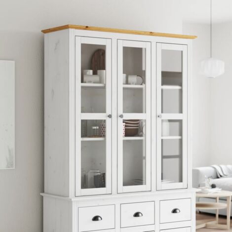 Armoire avec portes vitrées, Bibliothèque, Meuble de rangement moderne BODO blanc marron bois pin massif LKOWF50196 (1/5)