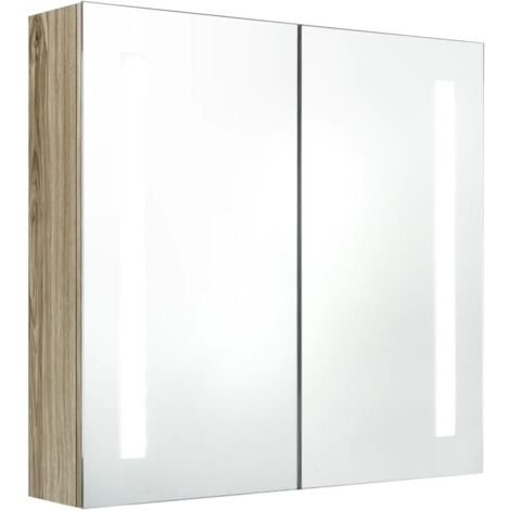 Bonnevie – Armoire murale de salle de bain avec miroir LED – Chêne – 62x14x60 cm – 2 portes – 3 étagères – Interrupteur intégré (1/5)